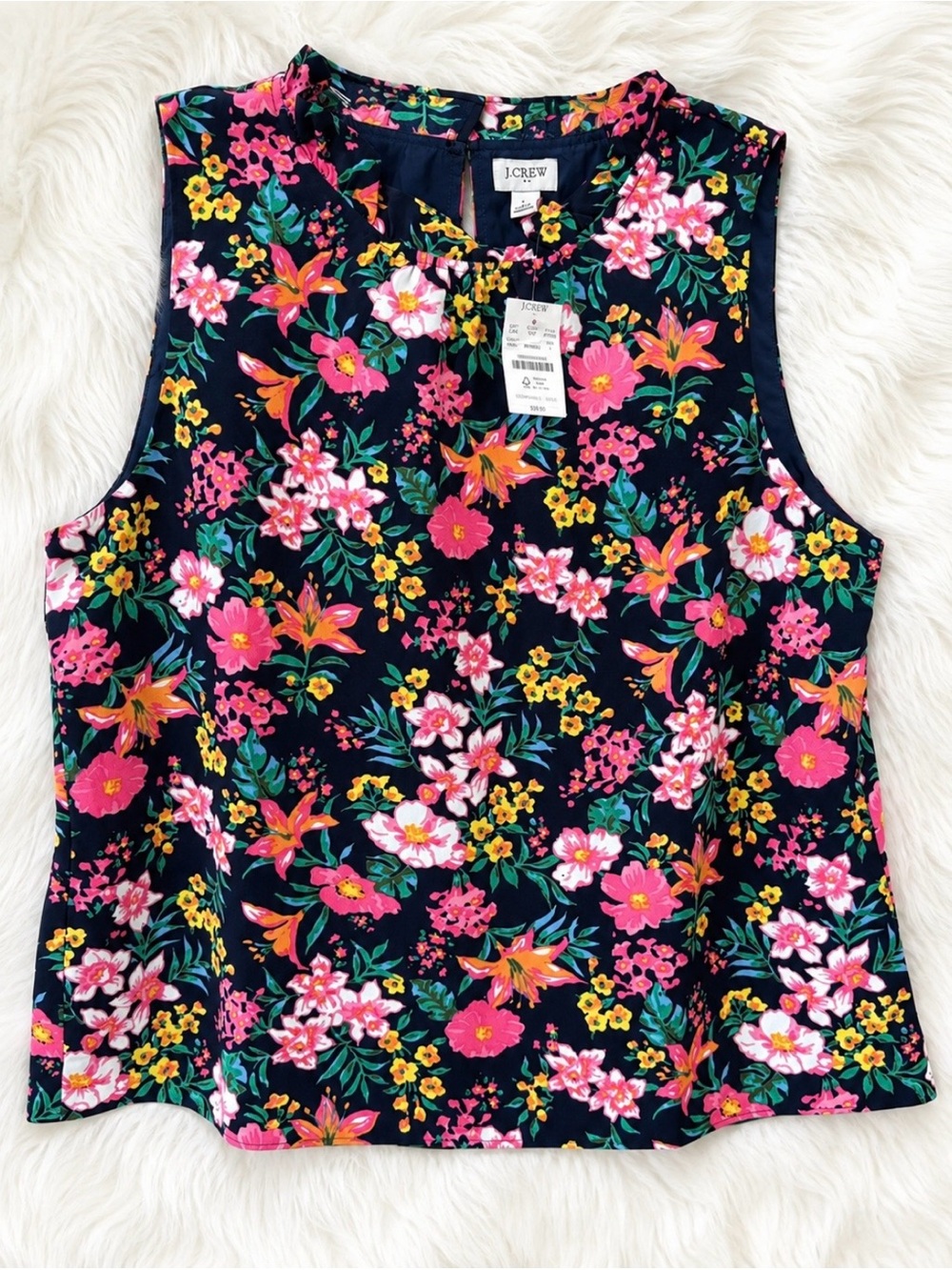 J.Crew NWT Floral Sleeveless Mock Neck Blouse Navy Pink Size Large
